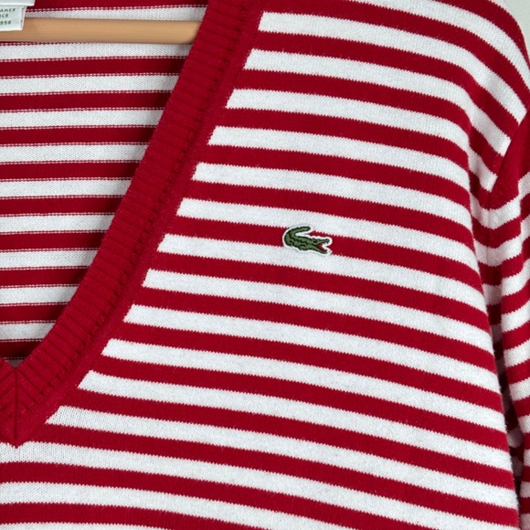 VTG 80s 90s LACOSTE V-Neck Sweater 46/XL Red White Stripe French Made Christmas - Picture 3 of 10